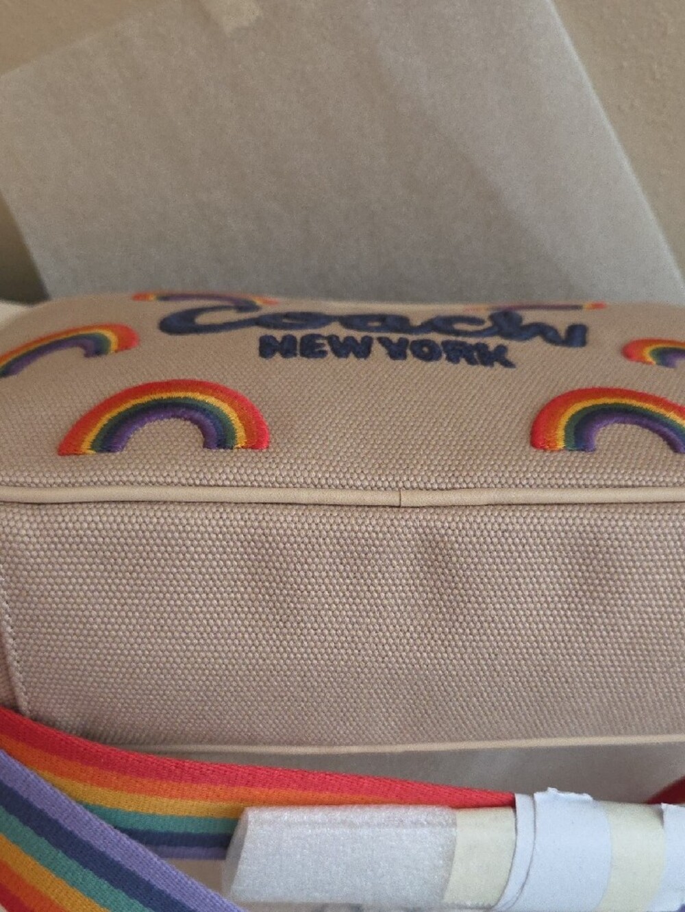 NWT Coach THEO Camera Pride  Crossbody Bag - Beige with Multicolor Rainbows - Picture 10 of 13